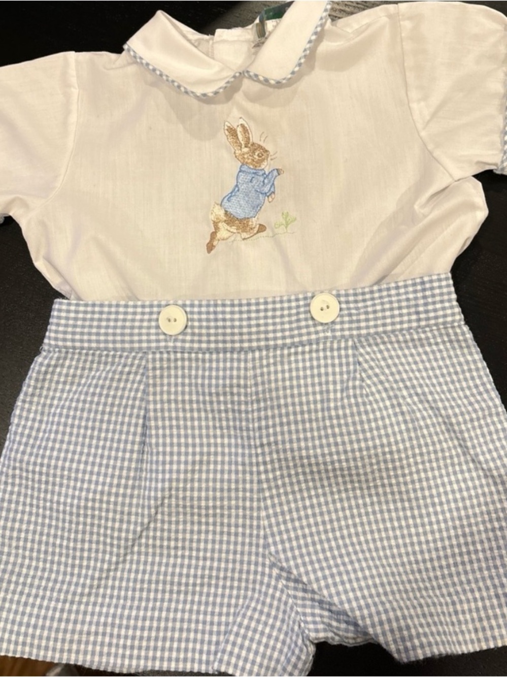 Vintage 1993 Y2K Beatrix Potter Embroidered Gingham Shirt Shorts Blue 18 Months